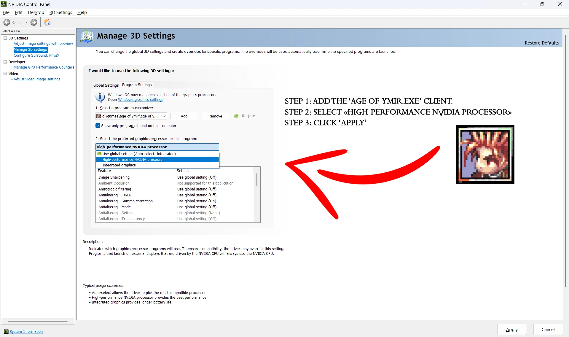 NVIDIA Control Panel - Force GPU Processor