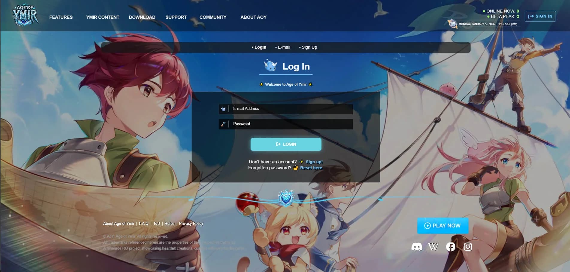 Age of Ymir Login Page