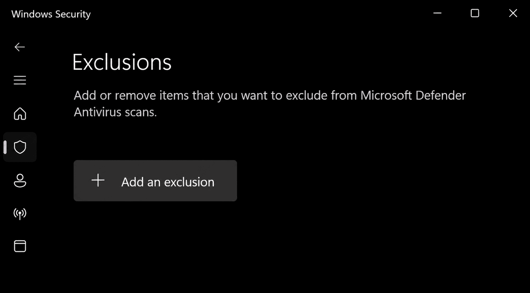 Windows Security Exclusions page with the Add an exclusion button
