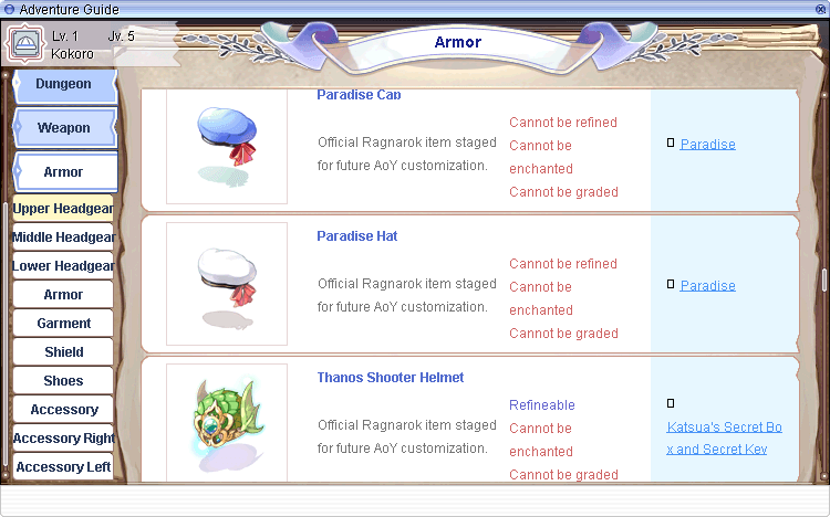 Adventure Guide armor tab