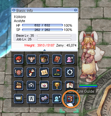 Adventure Guide menu icon highlighted below Basic Info