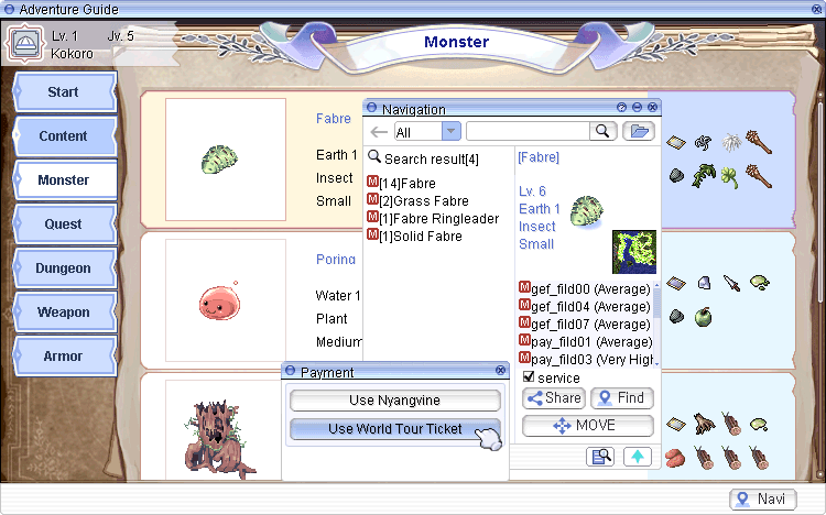 Adventure Guide monster tab with Navigation and World Tour Ticket payment